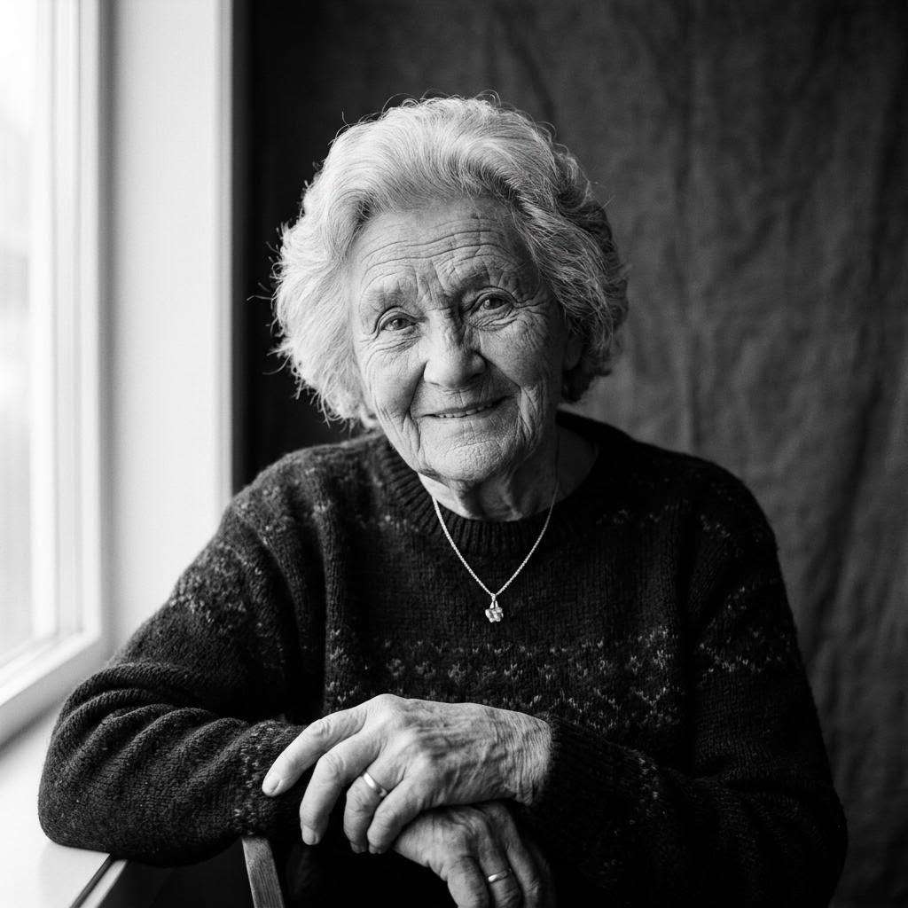 Svart-hvitt portrett av eldre kvinne