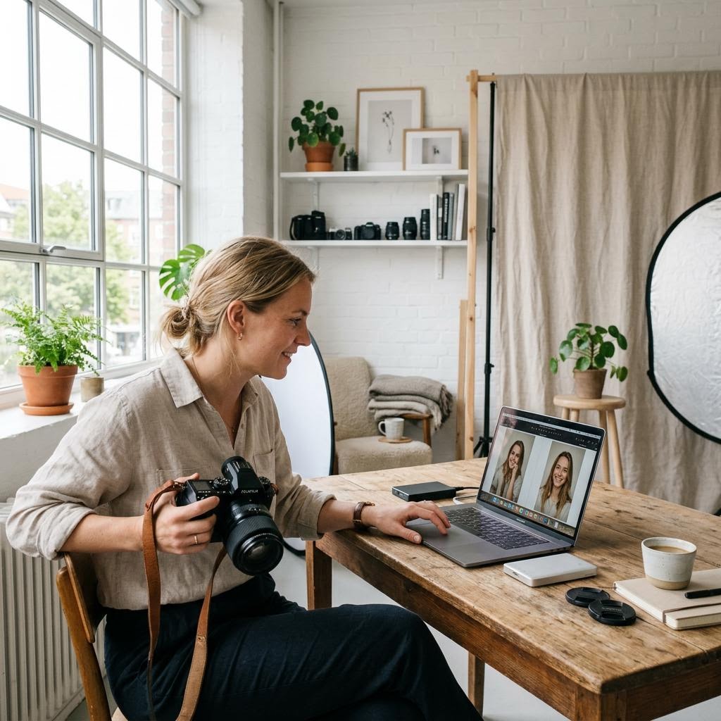 Fotograf går gjennom bilder på en bærbar PC i et lyst studio